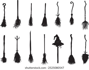 Broomstick silhouette set. Witch broomstick icons set in simple style. Vector illustration on a white background, Halloween Logo and Witch Symbol