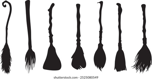 Broomstick silhouette set. Witch broomstick icons set in simple style. Vector illustration on a white background, Halloween Logo and Witch Symbol