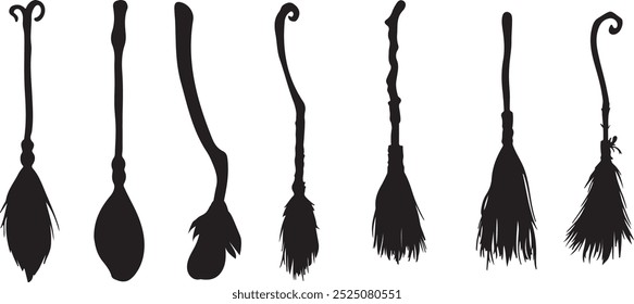 Broomstick silhouette set. Witch broomstick icons set in simple style. Vector illustration on a white background, Halloween Logo and Witch Symbol