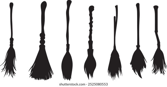 Broomstick silhouette set. Witch broomstick icons set in simple style. Vector illustration on a white background, Halloween Logo and Witch Symbol