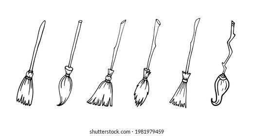 Broomsticks vector set, hand-drawn in doodle style. Outline illustration isolated on white.