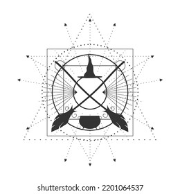Broomsticks, witch hat and caldron. Mystical vintage gothic geometry Halloween symbol