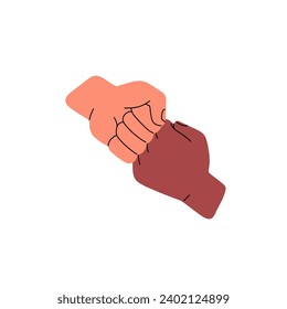 Bros touch by fists. Two friends bump by closed hands. Greeting, hello gesture in brotherhood, friendship. Respect symbol, trust, support icon. Flat isolated vector illustration on white background