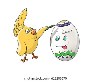 Brother chick colors his brother egg