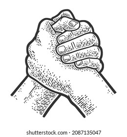 Brother friend handshake sketch engraving vector illustration. T-shirt apparel print design. Scratch board imitation. Black and white hand drawn image.