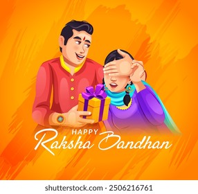 Brother is giving a surprise gift to his sister on the occasion of Raksha Bandhan- Greeting card concept of traditional culture, sibling bonding, Rakhi and Bhai Dooj festival