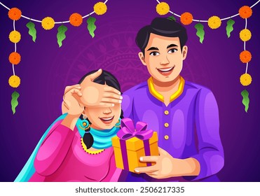 Brother is giving a surprise gift to his sister on the occasion of Raksha Bandhan an Indian festival banner design template