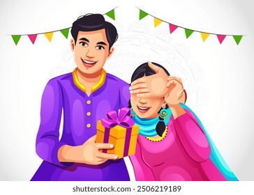 Brother is giving a surprise gift to his sister on the occasion of Raksha Bandhan an Indian festival character design