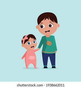 A brother with her little sister baby. Cute cartoon family illustration with child