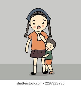 Brother hug sister and crying, drawing style vector illustration on gray background