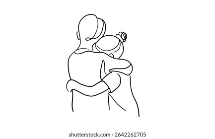 Brother hugs sister, continious line drawing. Summer holidays outline. Vector illustration
