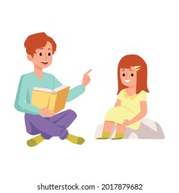 Brother reading book to his little sister sitting in chair. Children in family playing together, flat cartoon vector illustration isolated white background