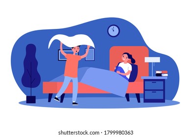 Brother scaring sister at night. Children playing in bedroom, telling scary story flat vector illustration. Childhood, siblings concept for banner, website design or landing web page