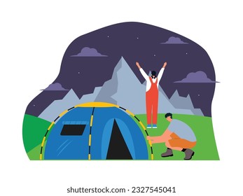 Brother setting up a tent, sister enjoying the beauty of nature, camping vector illustration.