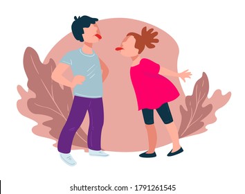 Brother and sister being disobedient, behaving bad. Girl and boy showing tongues, teasing each other. Children at school, kindergarten or home. Conflict or disagreement of pupils vector in flat style