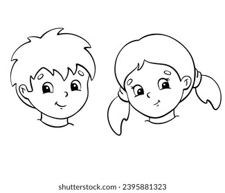 Brother and sister. Boy and girl. Coloring page for kids. Digital stamp. Cartoon style character. Vector illustration isolated on white background.