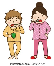 Brother and sister brushing teeth