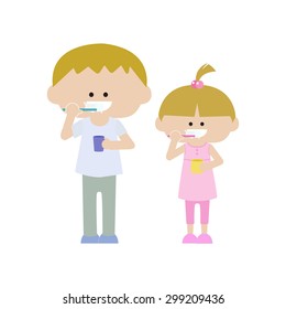Brother and sister brushing teeth