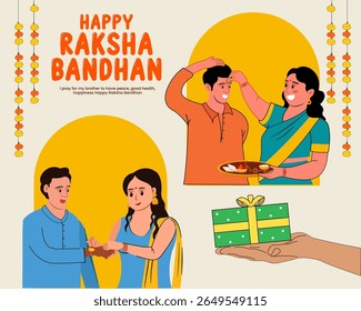 brother sister celebrating rakhi festival happy raksha bandhan with love with wishes social media post vector illustration