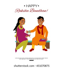 Brother and sister celebrating Raksha Bandhan tying rakhi. Indian traditional holiday background. Vector eps 10 format.