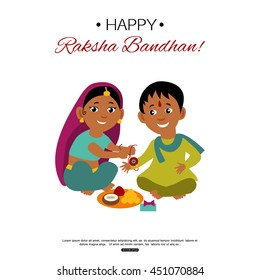 Brother and sister celebrating Raksha Bandhan tying rakhi. Indian traditional holiday background. Vector eps 10 format.