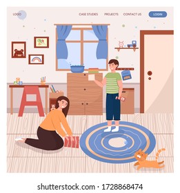 Brother and sister clean kids bedroom together. House cleaning concept illustration. Vector web site design template. Landing page website illustration