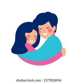 Brother and sister embrace with love and smile at each other. Happy siblings Day vector greeting card.