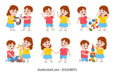 Brother and sister fight. Cartoon siblings angry, quarrel and cry. Kids fighting over a toy, playing together and holding hands vector set. Arguing boy and girl having rivalry, conflict