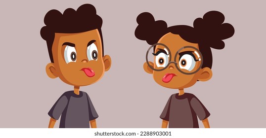 
Brother and Sister Fighting and Arguing Funny Vector Cartoon. Kids having a conflict and acting out misbehaving to each other 
