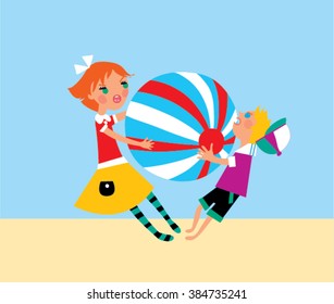 Brother and sister fighting for the ball. Vector illustration. Kids fighting. Children fighting. Toddler fighting. Parenting problem. Noisy kids. Noisy children.