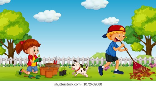 Brother and Sister Gardening in Sunny Day illustration