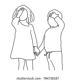 brother and sister got a headache vector illustration outline sketch hand drawn with black lines isolated on white background. medical and happy family concept.