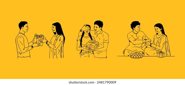 Brother and sister hand-drawn line drawing vector illustration for Raksha Bandhan festival.