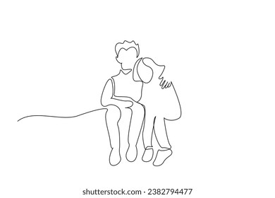 brother sister hug sad support hopeless two children line art design