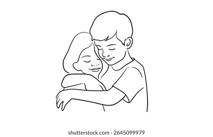 Brother and sister hugging, continious line drawing. Summer holidays outline. Vector illustration