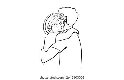 Brother and sister hugging, continious line drawing. Summer holidays outline. Vector illustration
