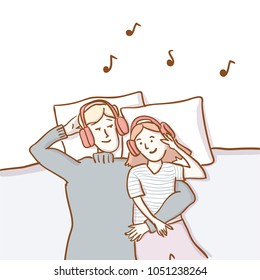 Brother and sister hugging together and listening to the music in headset. Father and daughter. Happy family figure. vector illustration flat design