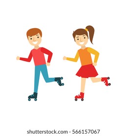 Brother And Sister Kids Roller Skating, Happy Family Having Good Time Together Illustration