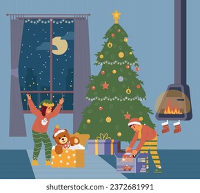 Hermano y hermana abriendo regalos de Navidad en ilustración vectorial plana nocturna. Niños emocionados con ropa de Navidad cerca de un árbol de Navidad sin presentar regalos.