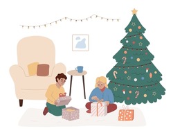 Brother And Sister Opening Presents. Boy And Girl With Gifts Under The Christmas Tree.  Morning After Christmas New Year Night. Celebration, Winter Holidays. Flat Vector Illustration.