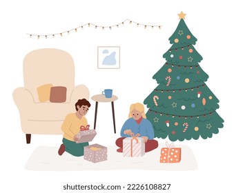 Brother and sister opening presents. Boy and girl with gifts under the Christmas tree.  Morning after Christmas new year night. Celebration, winter holidays. Flat vector illustration.