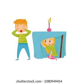 Brother and sister playing hide-and-seek. Girl hiding under table. Boy closing eyes with his hands. Flat vector design