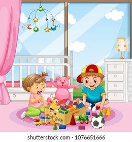 Brother and Sister Playing Toys illustration