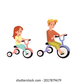 Brother and sister ride on a tricycle. Smiling boy and girl have fun together. Flat cartoon vector illustration isolated on a white background.