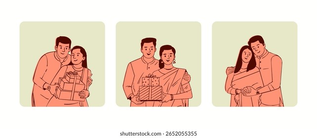 Brother and sister, Sibling hand-drawn vector illustration set for Raksha Bandhan festival. 