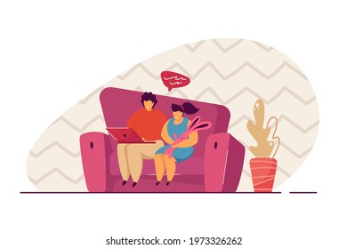 Brother and sister sitting on sofa and using laptop. Flat vector illustration. Boy and girl having video chat with family. Modern technology concept for banner, website design or landing web page