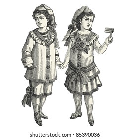 Brother & sister - vintage engraved illustration - "La mode illustrée" edited by "La Librairie de Firmin-Didot et Cie"  published in 1882 France