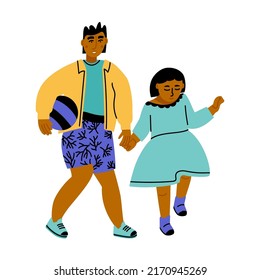 Brother and sister walk together holding hands. Black-skinned boy and girl on white background. African american kids. Simple vector flat illustration 