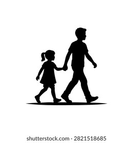 Brother sister walking silhouette vector flat design on white background.
