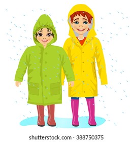 brother and sister wearing raingcoats